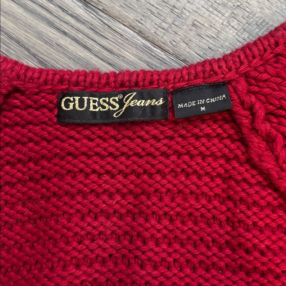 Guess | Red Knit Crochet Scoop Neck Sweater with Flutter Sleeves Y2K Medium - Picture 5 of 10